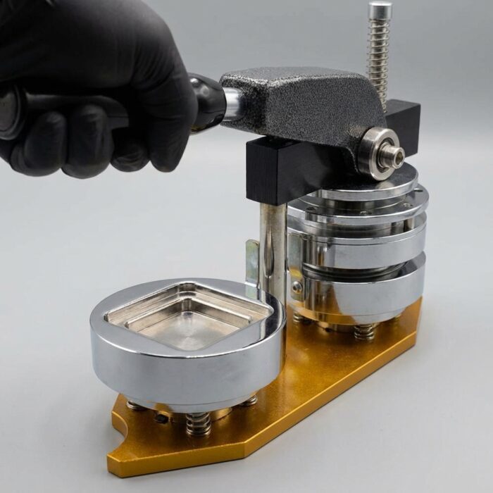 BADGE MAKING MACHINE WITH MOULDS SQUARE FUNCTIONAL INTERACTION