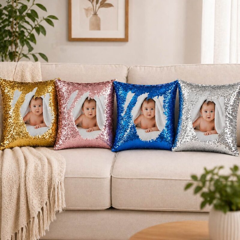 Cozy living room with sparkly pillows
